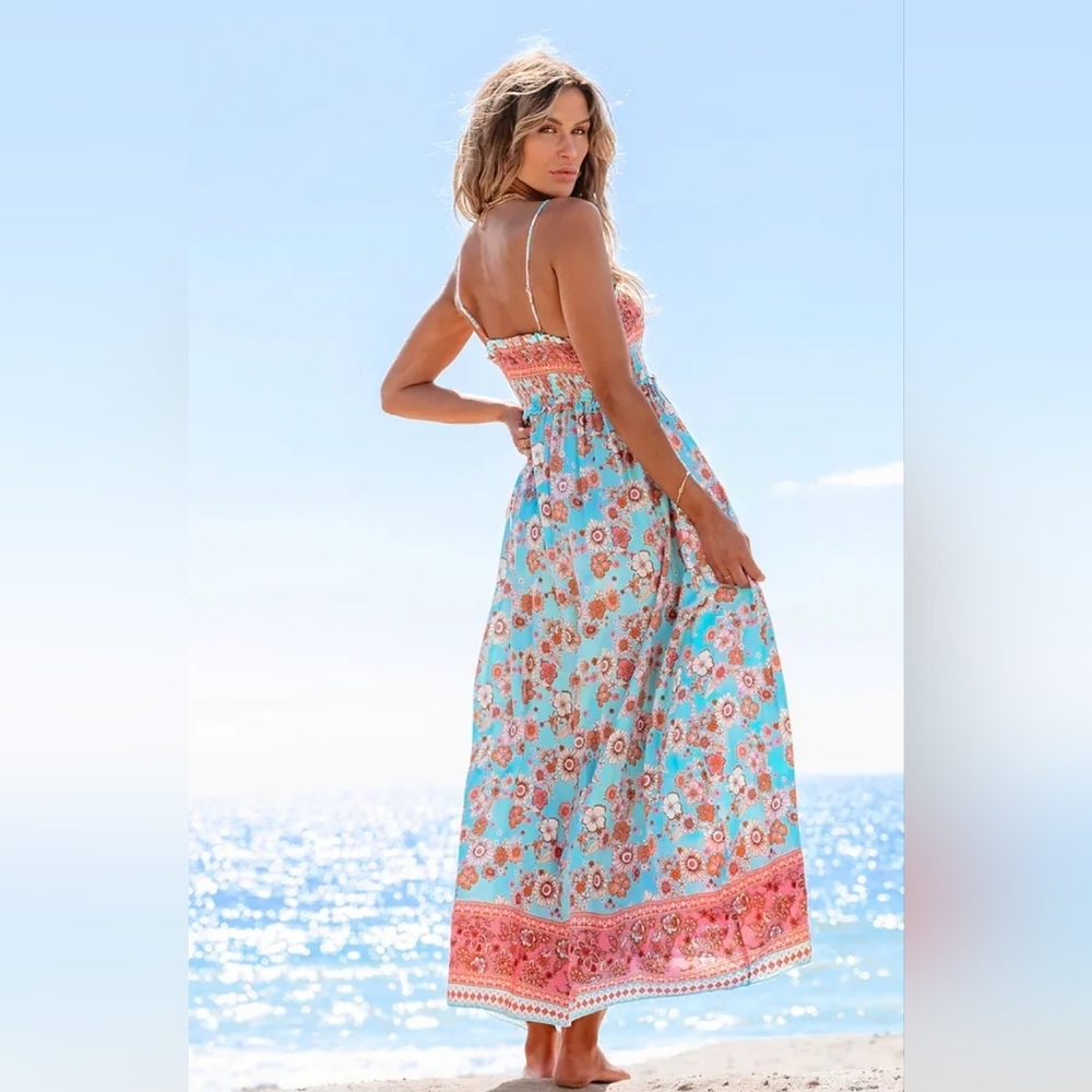 Cupshe Floral Maxi Dress With Cinched Ruffle Top- in Aqua & Coral - Picture 5 of 14